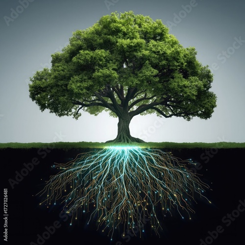 Luminous roots of a majestic tree, symbolizing interconnectedness and growth. A powerful image representing nature's strength and the flow of energy.
