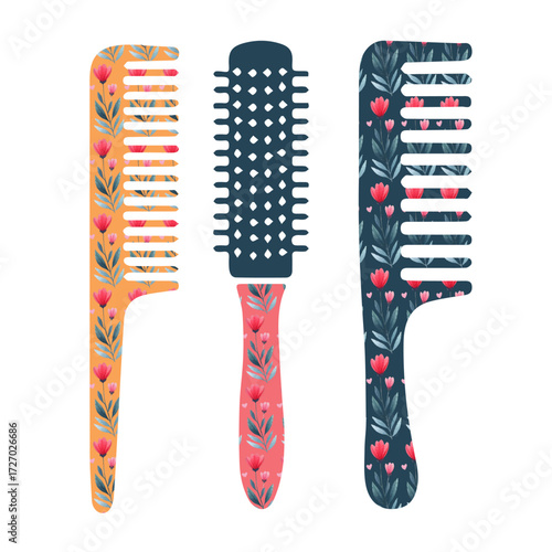 Hair combs with watercolor pattern, vector illustration. Handmade effect, decorative design, isolated on white background. Beauty salon accessory, modern hair styling tool, trendy clipart in flat styl