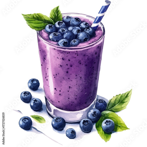 Blueberry Smoothie, watercolor illustration vector, isolated on a white background.