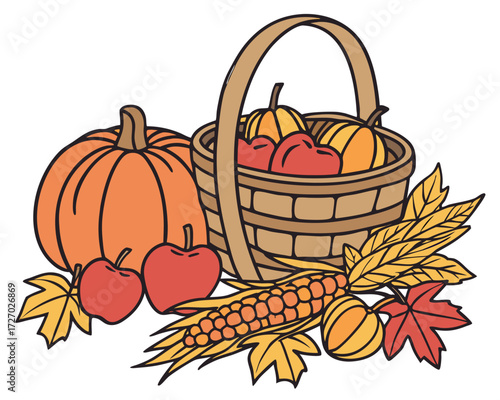 Autumn harvest still life illustration showing pumpkins, apples, corn cobs, and colorful fallen leaves around a wicker basket, with warm orange and brown shades