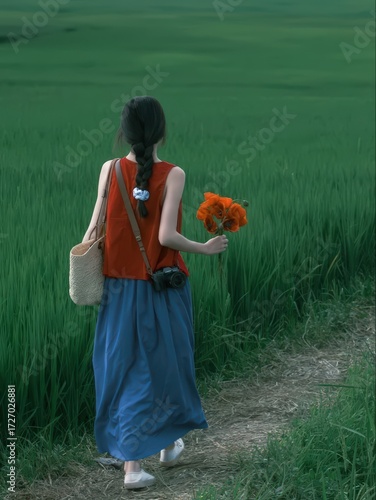 Woman walking through lush green field with red flowers
