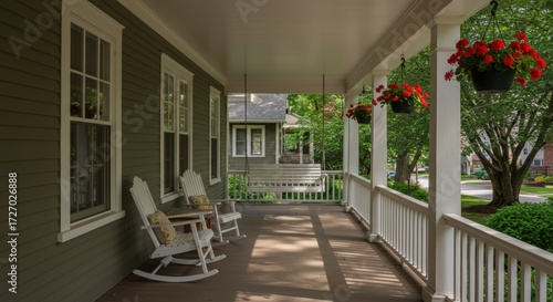 Covered porch with rocking chairs on a sunny day