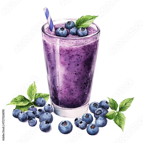 Blueberry Smoothie, watercolor clipart vector, isolated on a white background.