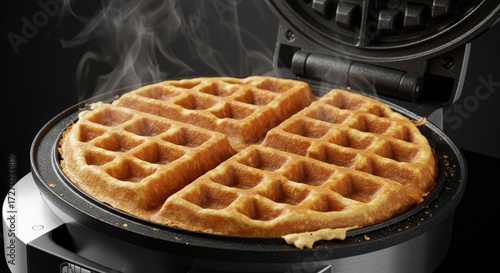 Hot golden brown waffles cooking in waffle iron