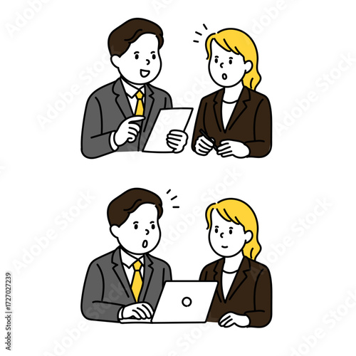 仕事で打ち合わせをする男女2人のイラスト