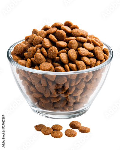 Clear Glass Bowl Filled with Crunchy Brown Dog Kibble on Black Background