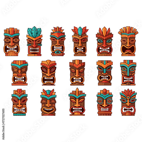 Vibrant Collection of Illustrated Hawaiian Tiki Masks.