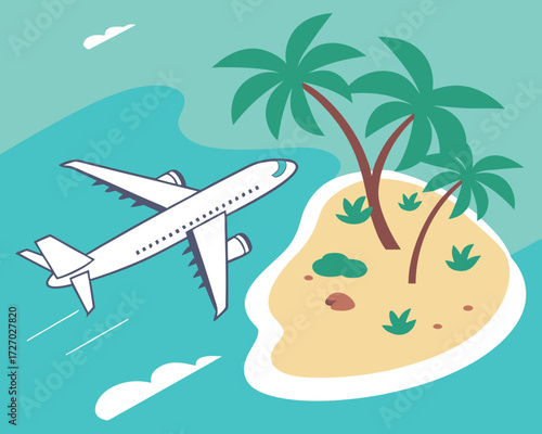 A white passenger airplane flying low above a turquoise ocean approaching a small tropical island with palm trees, sandy beach, and clear blue sky with a few fluffy clouds.