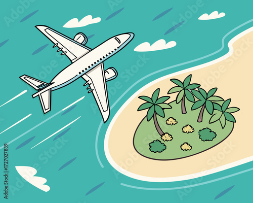 A white passenger airplane flying low above a turquoise ocean approaching a small tropical island with palm trees, sandy beach, and clear blue sky with a few fluffy clouds.