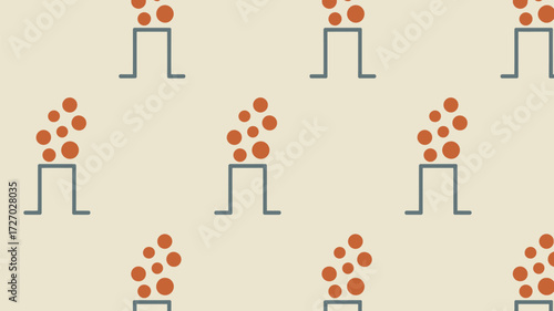 Repeated pattern of stylized factory chimneys emitting orange circles on a light beige background design