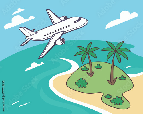 A white passenger airplane flying low above a turquoise ocean approaching a small tropical island with palm trees, sandy beach, and clear blue sky with a few fluffy clouds.
