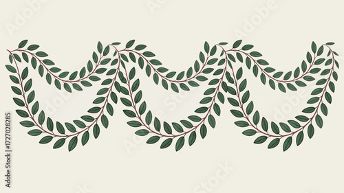Wavy garland of green leaves with brown stems on a light background creating a repeating pattern
