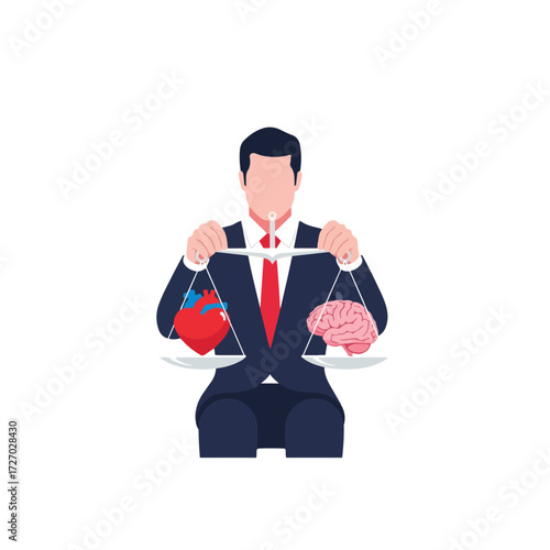 Man Balancing Heart and Brain for Decision Making.
