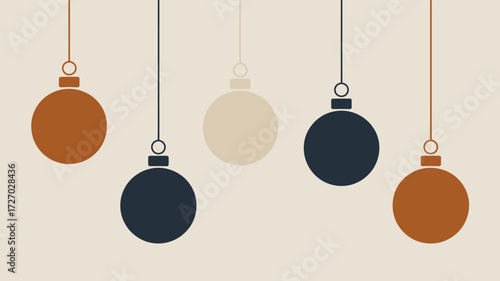 Hanging christmas ornaments in brown, beige, and navy colors on a light beige background illustration