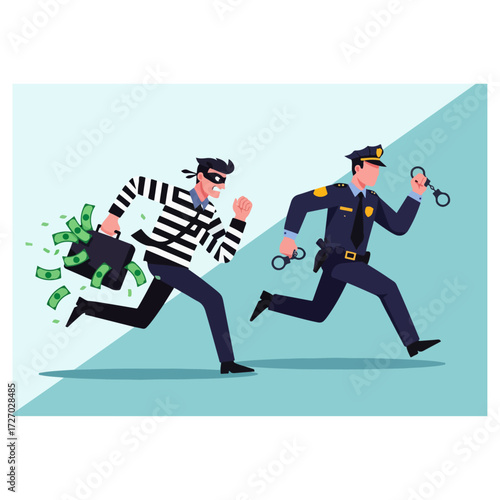 Police chase thief running with stolen money.