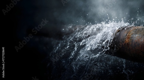 A rusty pipe bursts spraying water in a dramatic urgent scene highlighting a plumbing emergency and potential damage