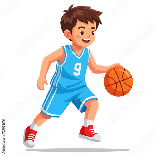 Young basketball player dribbling the ball with determination and focus.