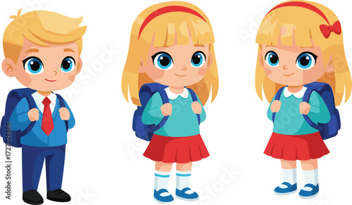 Cartoon school children standing together with backpacks, cheerful expressions, back-to-school theme, vector illustration for education, childhood, and learning content