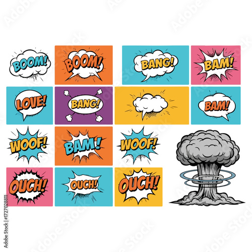 Comic book explosion sound effects and cloud illustration.
