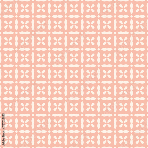 Retro floral vector seamless pattern. Simple ornament with small flower silhouettes, tiles, grid. Cute pink minimal texture. Vintage old-fashioned background. Repeated geo design for textile, linens