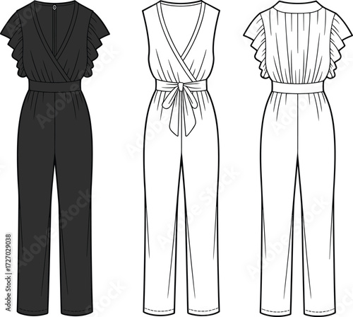 Women’s jumpsuit fashion flat sketch, technical vector illustration, front and back view, V‑neck flutter sleeve, belt waist, garment design template