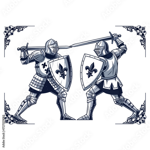 Two knights in shining armor clashing swords in combat.
