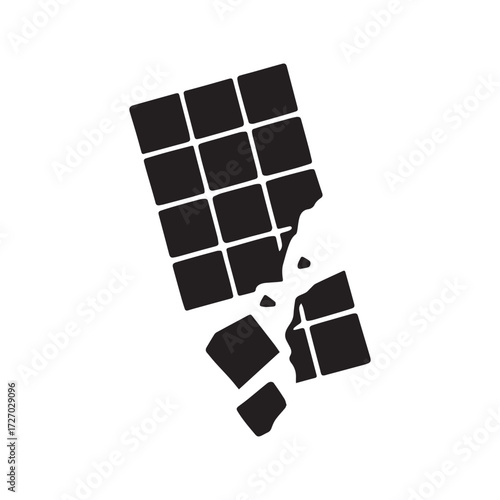 Dark chocolate bar silhouette with broken pieces scattered