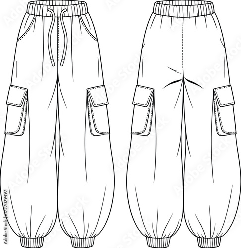 Cargo pants technical flat sketch, fashion vector illustration, front and back view, elastic waistband drawstring, flap pockets, cuffed ankle design template