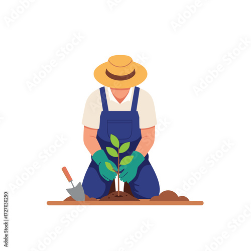 gardener planting, planting sapling, gardener kneeling, green sapling planting, garden work, gardener outdoors, nature planting, small tree planting, eco gardening, gardener with plant, reforestation 