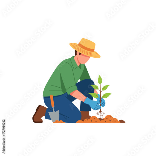 gardener planting, planting sapling, gardener kneeling, green sapling planting, garden work, gardener outdoors, nature planting, small tree planting, eco gardening, gardener with plant, reforestation 