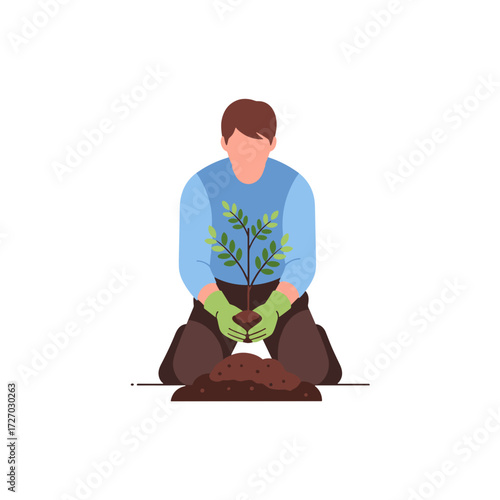gardener planting, planting sapling, gardener kneeling, green sapling planting, garden work, gardener outdoors, nature planting, small tree planting, eco gardening, gardener with plant, reforestation 