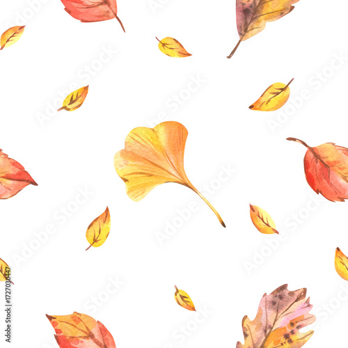 Warm seamless pattern with ginkgo leaves and autumn foliage in orange and yellow tones, created as a hand-painted watercolor illustration for fabric, wrapping, and seasonal digital projects.