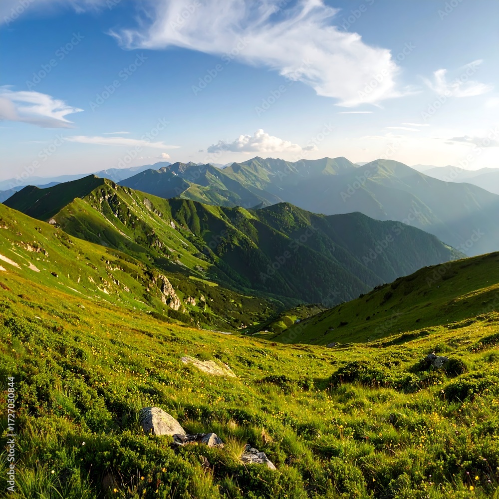 Naklejka premium Lush mountain vista at sunset