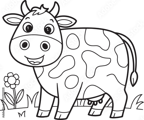 Adorable Smiling Spotted Dairy Cow Outline Standing in a Grassy Field with a Flower Coloring Page