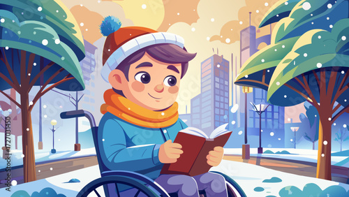 A very beautiful close up portrait of young boy sitting in wheelchair and reading book, cozy winter clothes, city park covered with white snow, cold breeze yet warm joy on his face.