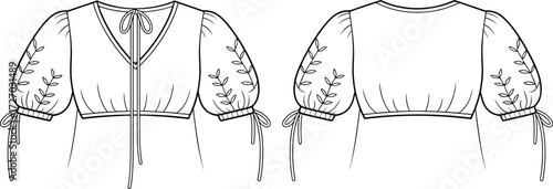 Women’s blouse flat sketch, fashion vector illustration, front and back view, V‑neck tie closure, puff sleeves with bows, floral embroidery template
