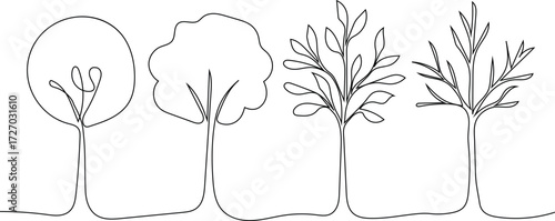 Continuous line art of one tree shown in four seasons: spring, summer, autumn, and winter, simple minimal design