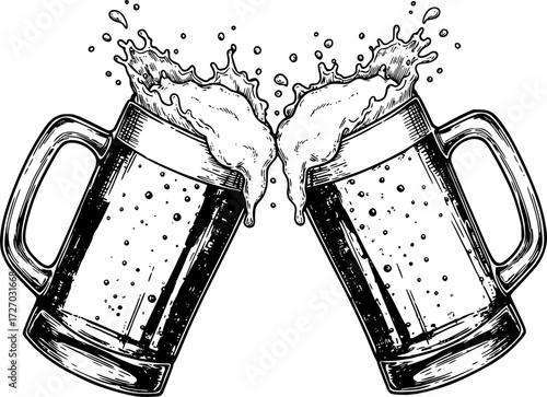 Two frothy beer mugs clinking with splashes in black and white illustration. Vector illustration
