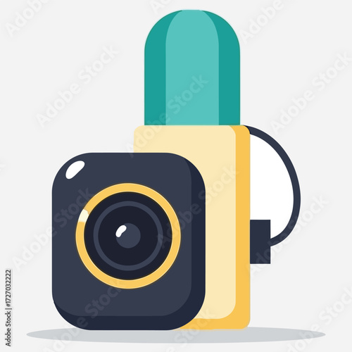Modern flat design icon of a small action camera with a connected USB flash drive for data storage and transfer