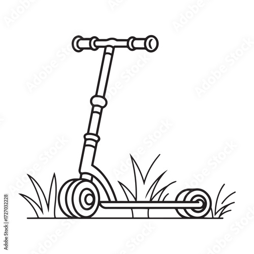 Modern Electric Scooter Outline Illustration Standing on Grass for Urban Commuting and Eco-Friendly Transportation Design