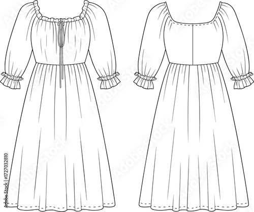 Long gathered dress fashion illustration, technical flat sketch, puff sleeve gown design, front and back view apparel template, cad drawing flat vector