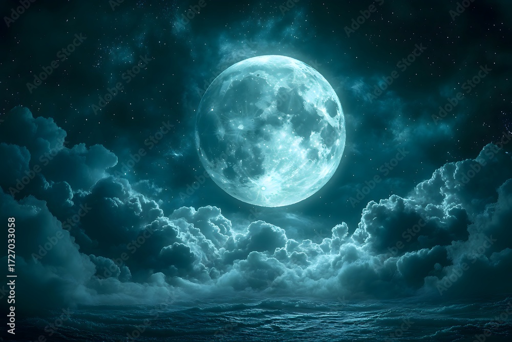 Fototapeta premium A large full moon shining brightly above a sea of clouds at night with visible stars around it