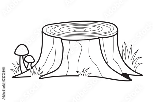 Simple Black and White Tree Stump with Mushrooms and Grass Coloring Page Line Art Illustration