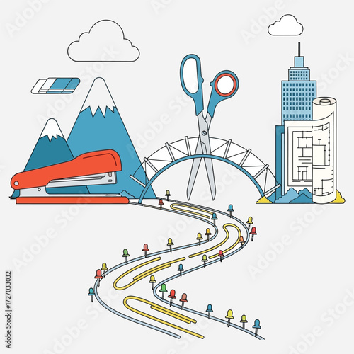 Conceptual path of a creative project, from office planning to architectural construction in a surreal vector world