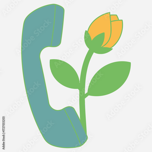 Illustration of a blue telephone handset with a yellow flower and green leaves growing from it on a plain white background