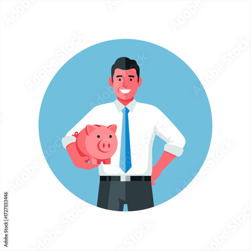 A smiling businessman holding a piggy bank, symbolizing successful financial savings and business investment