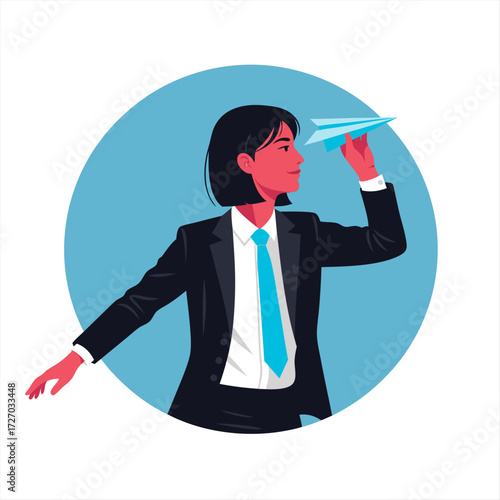 Ambitious businesswoman with a paper airplane, representing business innovation and launch