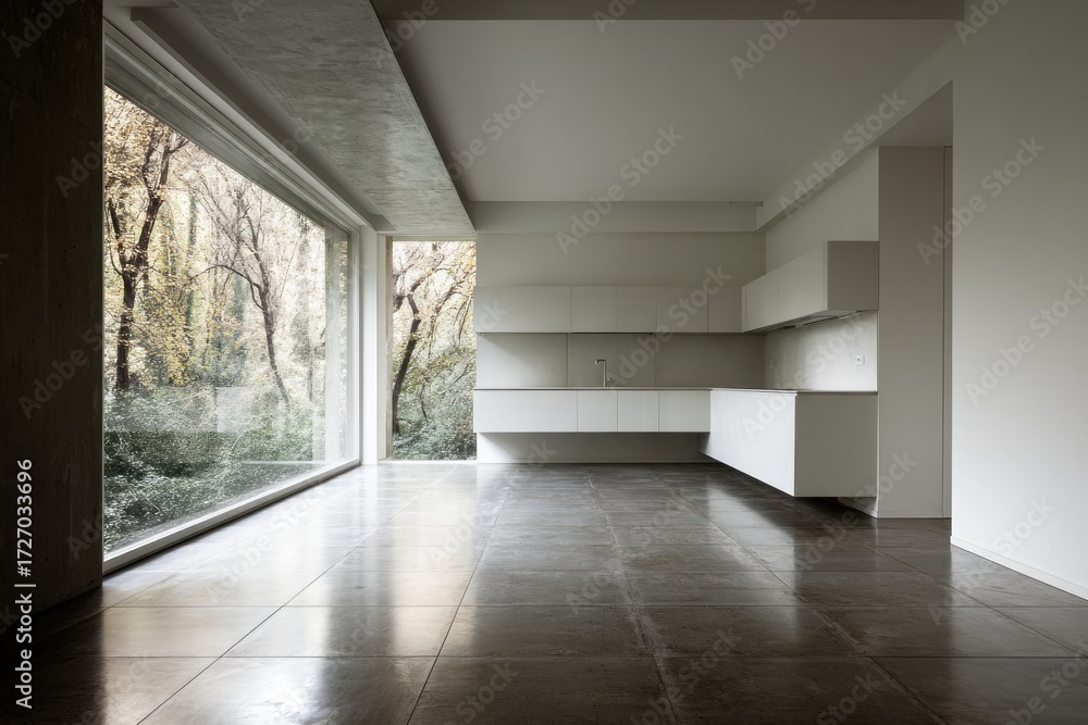 Obraz premium A spacious, modern kitchen with large windows offers a tranquil view of the surrounding trees.