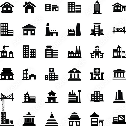 Collection of diverse building icons representing various architectural styles and functions