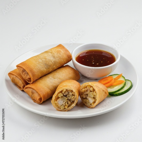 Golden-brown spring rolls with dipping sauce and fresh vegetables on a white plate.
